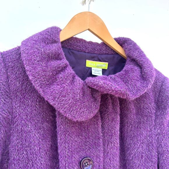 Itala Testino Alpaca Wool Ruffle Coat Trench Coat Belt Jacket Purple Small - Picture 3 of 12